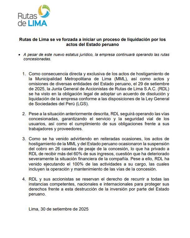 Rutas de Lima anuncia su liquidación por hostigamiento de la Municipalidad de Lima y suspensión de casetas de peaje. (Foto: Rutas de Lima)
