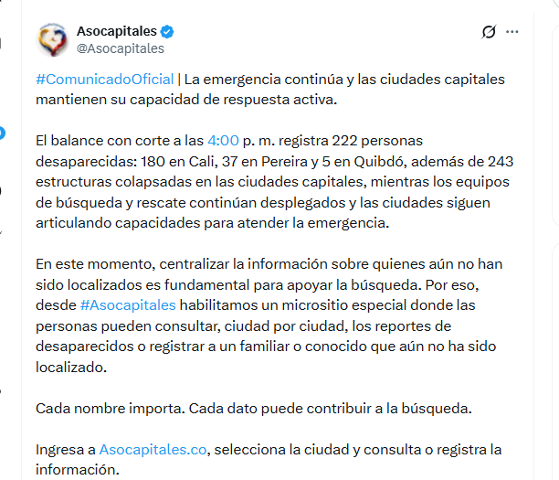 Asocapitales informó que hay 222 personas desaparecidas - crédito @Asocapitales/X