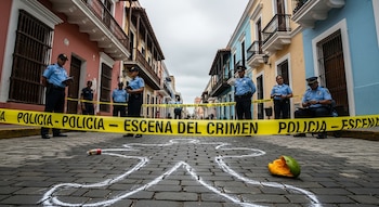 Agentes de policía en calle adoquinada con cinta amarilla de “Policía - Escena del Crimen”, un contorno de cuerpo en tiza, una lata y un mango.