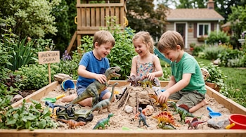 Tres niños alrededor de un arenero de madera con figuras de plástico de dinosaurios, juguetes de playa y un cartel.