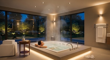 Vista interior de un baño de lujo con una mujer en un jacuzzi, vapor saliendo del agua, e iluminación ambiental, con grandes ventanales que muestran un jardín nocturno iluminado.