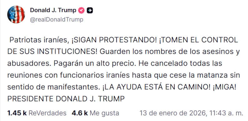 El mensaje de Trump en Truth Social