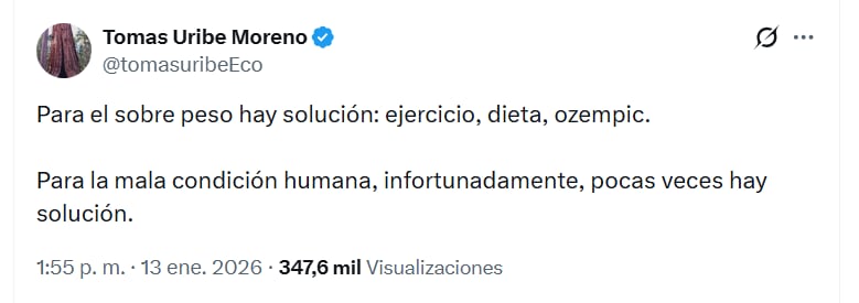 El empresario criticó al caricaturista Matador por su comentario contra Paloma Valencia - crédito @tomasuribeEco/X