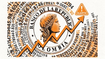 Risografía naranja, negra y blanca con el logo del Banco de la República de Colombia, una gráfica al alza, un triángulo de alerta y números dispersos.