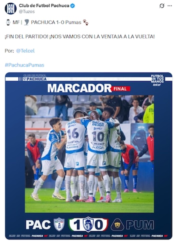 Pachuca festaja la victoria 1-0 sobre Pumas. (X/ Tuzos)