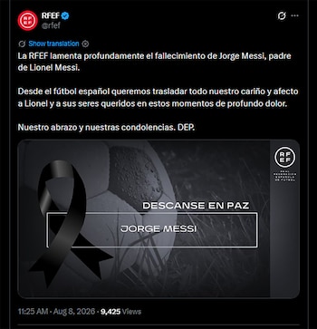 Captura de un tuit de RFEF. Texto de condolencias por Jorge Messi. Imagen de luto con cinta negra, 'Descanse en Paz', 'Jorge Messi' y logo RFEF