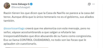 Irene Zulaga denuncia que el congresista Santiago Osorio no tolera el control ciudadano - crédito @IreneZuluagaG/X