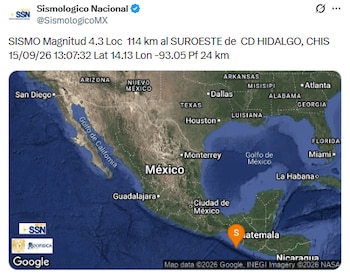 Sismo de 4.3 en Ciudad Hidalgo, Chiapas este 15 de septiembre. (X/ @SismologicoMX)