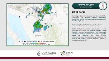 Mapa de radar con zonas de precipitaciones en colores verde, amarillo, naranja y rojo. Leyenda de reflectividad en dBz. Logos de CONAGUA y SMN. Texto informativo