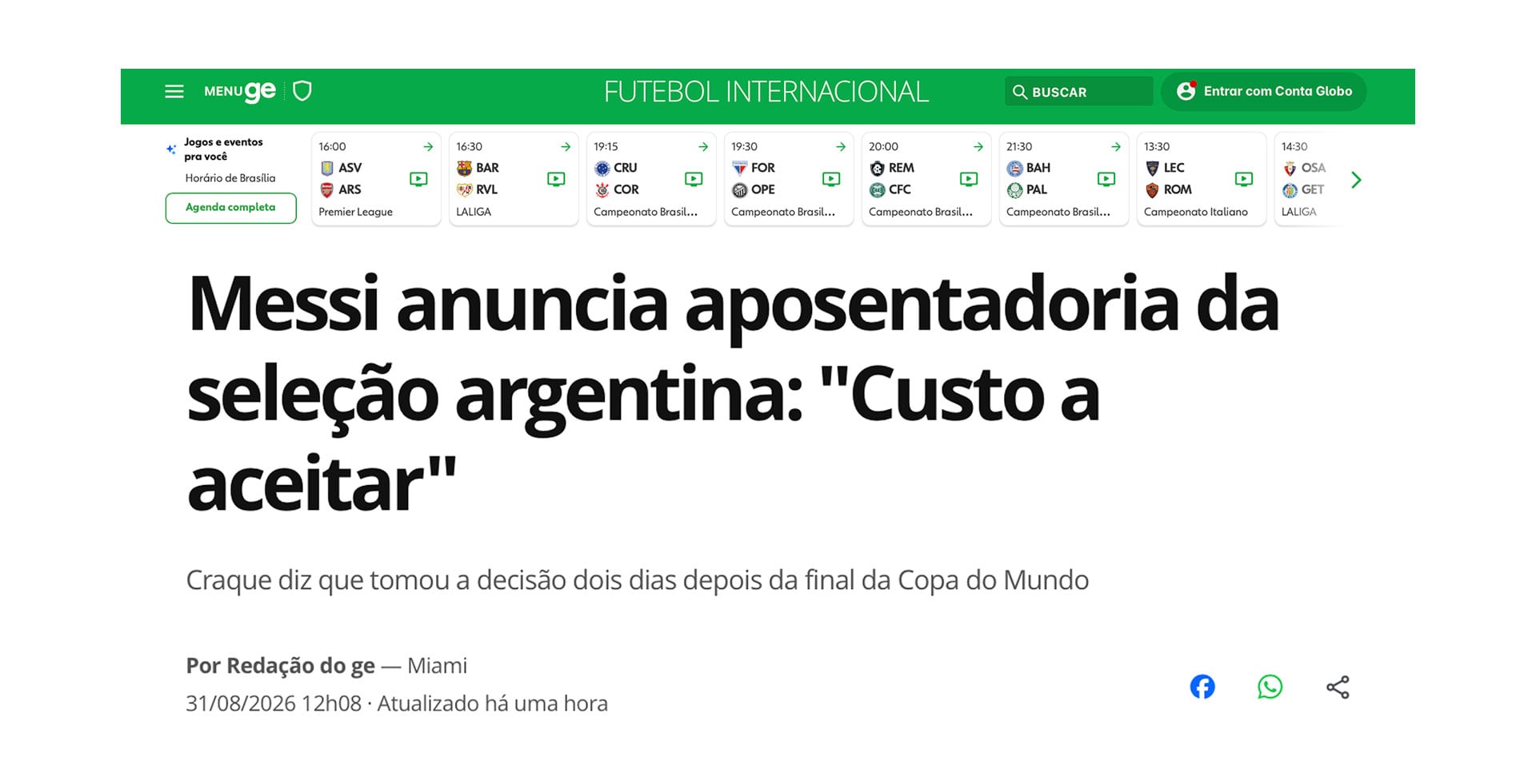 Globo Esporte también se hizo eco de la despedida