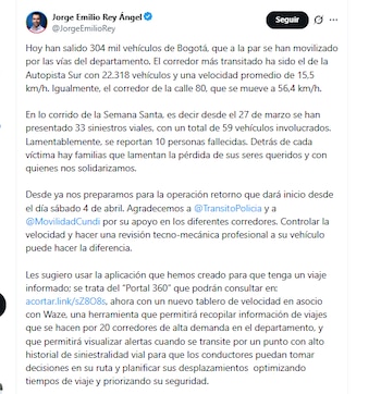 Desde el 27 de marzo se han presentado 33 siniestros viales en corredores de Cundinamarca - crédito @JorgeEmilioRey/X