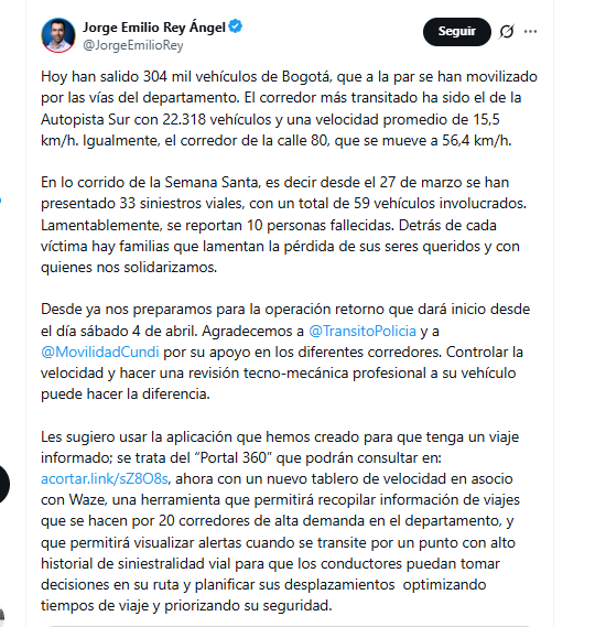 Desde el 27 de marzo se han presentado 33 siniestros viales en corredores de Cundinamarca - crédito @JorgeEmilioRey/X