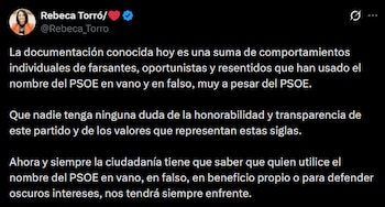 Publicación en X de la secretaria de Organización del PSOE, Rebeca Torró. (X/@Rebeca_Torro)