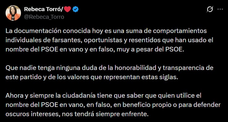 Publicación en X de la secretaria de Organización del PSOE, Rebeca Torró. (X/@Rebeca_Torro)