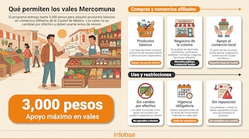 Infografía informativa sobre los vales Mercomuna con ilustraciones de comercios locales, el monto de 3,000 pesos y condiciones de uso.