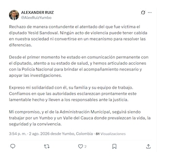 Alcalde de Yumbo se pronunció sobre ataque al diputado Yesid Sandoval