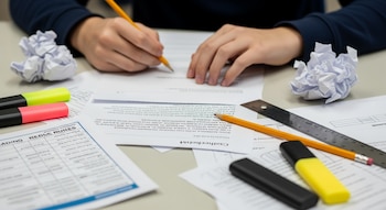Manos de estudiante escribiendo con lápiz sobre una hoja de papel, rodeadas de papeles arrugados, lápices, resaltadores y una regla metálica sobre un escritorio.