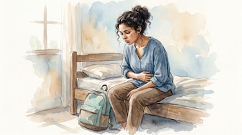 Ilustración en acuarela de una adolescente centroamericana sentada en una cama con una mochila en el suelo y una ventana difuminada al fondo.