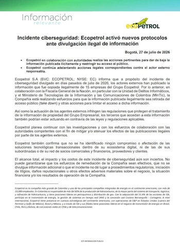 La compañía coordina con la Fiscalía General de la Nación y el MinTIC el retiro de contenido ilegal y la investigación del ciberataque - crédito @ECOPETROL_SA/X