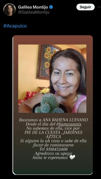 Mensaje de auxilio de Galilea Montijo: La conductora pide la ayuda de sus seguidores para localizar a personas desaparecidas en Acapulco (@GalileaMontijo)