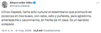 Fuertes acusaciones de Álvaro Uribe Vélez a Iván Cepeda por acto frente a su vivienda generan controversia en redes - crédito @AlvaroUribeVel/X