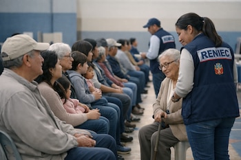 Fila de personas diversas (adultos mayores, niños, adultos) sentadas en sillas. Personal de Reniec con chalecos azules orienta a una mujer mayor. Fondo azul y gris.