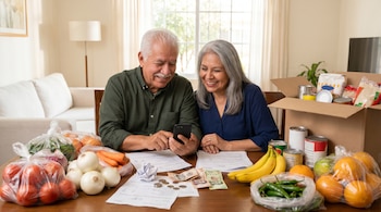 Pareja mexicana adulta mayor sonríe al ver un smartphone en mesa de madera con documentos, billetes y abundantes víveres como frutas, verduras y enlatados.