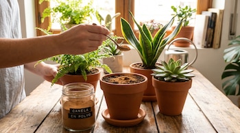 Manos aplicando canela en polvo a la tierra de plantas de interior en macetas sobre una mesa de madera. Se observa un frasco de canela y diversas plantas.