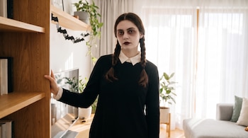 Una mujer con trenzas, maquillaje oscuro y vestido negro con cuello blanco se encuentra en una sala de estar con plantas y cortinas