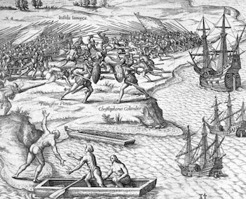 Grabado en cobre de Theodore de Bry que ilustra la batalla en Jamaica en 1504 entre Cristóbal Colón y Francisco de Porras.
