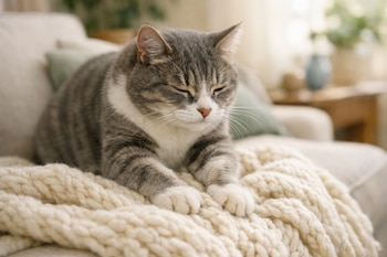 Un gato doméstico atigrado gris y blanco con ojos semicerrados amasa una manta de lana gruesa color crema sobre un sofá en una sala.