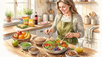 Una mujer prepara una ensalada junto a tazones con arroz, legumbres, frutas y frutos secos, con paquetes de pasabocas al fondo.