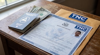 Pasaporte nicaragüense, billetes de dólar, certificado de defunción de Estados Unidos y sobre de Texas Nicaraguan Community sobre mesa de madera.