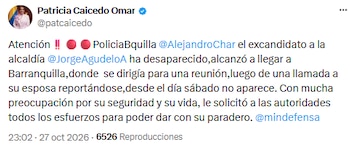 Patricia Caicedo pidió intensificar la búsqueda de Jorge Agudelo tras perder contacto con su familia - crédito @patcaicedo/X