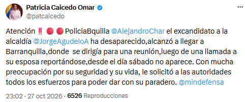 Patricia Caicedo pidió intensificar la búsqueda de Jorge Agudelo tras perder contacto con su familia - crédito @patcaicedo/X