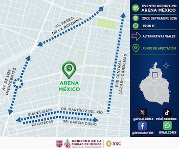 Mapa vial de la Ciudad de México con la ubicación de la Arena México y avenidas alternativas marcadas con flechas azules