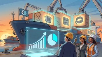 Ilustración de un barco de carga en un puerto al atardecer, con grúas cargando cajas luminosas de hardware IA. Tres personas observan gráficos de crecimiento proyectados.