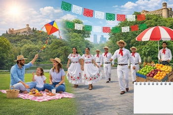 Familia en picnic, lago y castillo al fondo, junto a personas con trajes de Hidalgo y papel picado tricolor, con un puesto de frutas.