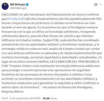 Tweet del corresponsal de Fox News publicado este 3 de septiembre. Crédito: X - @BillMelugin_