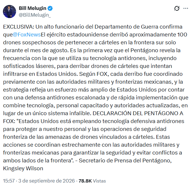 Tweet del corresponsal de Fox News publicado este 3 de septiembre. Crédito: X - @BillMelugin_