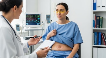 Paciente en bata azul y parches amarillos bajo los ojos muestra marca abdominal a doctora; monitor de signos vitales y estantería al fondo.