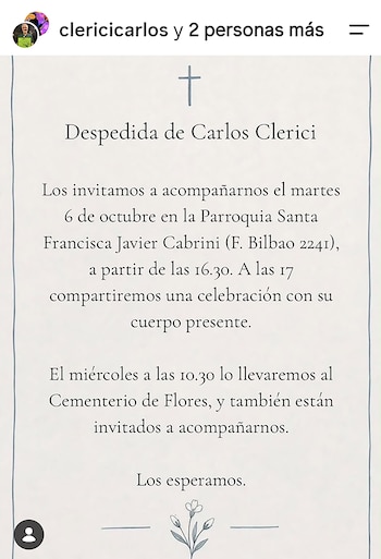 Comunicado digital con una cruz superior, texto con detalles del funeral de Carlos Clerici e ilustración de flores al pie