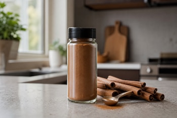 Un frasco de vidrio con canela molida, varias ramas de canela y una cuchara pequeña sobre una encimera de cocina iluminada.