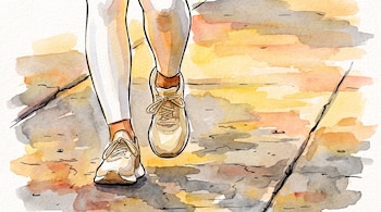 Ilustración acuarelada de dos piernas y pies de una persona calzada con zapatillas deportivas y pantalones largos, sobre un fondo abstracto de tonos cálidos.