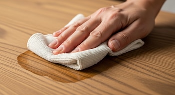 Una mano sostiene una toallita de microfibra blanca, limpiando una superficie de madera clara con vetas. Se observa un rastro húmedo sobre la madera.