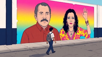 Ilustración de un joven escolar de espaldas que camina frente a un cartel con los rostros de Daniel Ortega y Rosario Murillo.