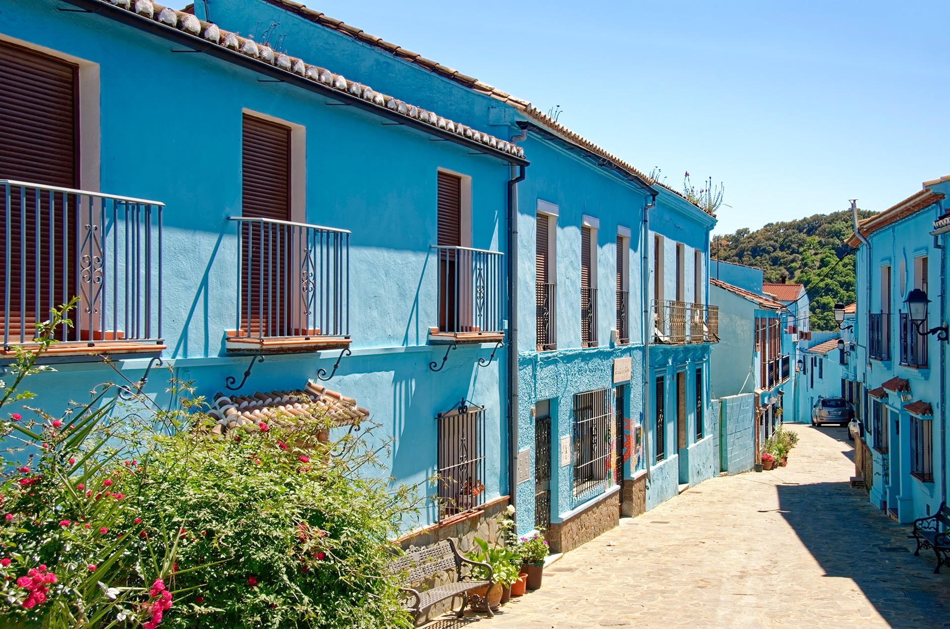 Varias viviendas con fachadas pintadas de azul se alinean a lo largo de una calle empedrada en la localidad de Júzcar, en Málaga. (Pixabay)