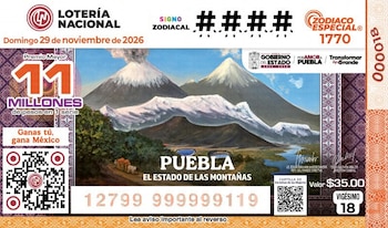 Billete de lotería con una pintura de montañas nevadas, logotipos institucionales, códigos de barras bidimensionales y datos de fecha y premio
