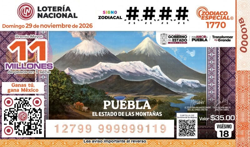 La Lotería Nacional presenta un billete dedicado a las cinco montañas de Puebla