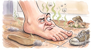 Pie humano descalzo, plantilla de zapato, zapatilla, bolas de polvo, moscas, líneas de olor verdes y hongos con caras dibujadas.
